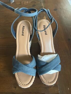 Abound Denim-Look Crossband Ankle-Strap Wedge Sandals - Blue